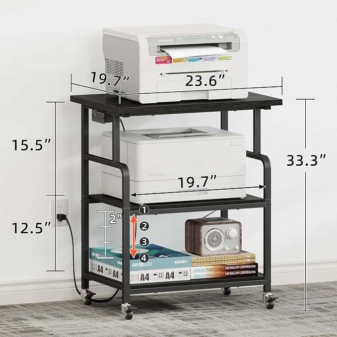 YAOHUOO 3 Tier Large Printer Stand with Power Outlet/Adjustable Shelf | 23.6"x19.6" Large Top,Fit 2-3 printers,Rolling Cart with Wheels,Table for Home Office,Fit 3D Printer/Heat Press/Laser,Black