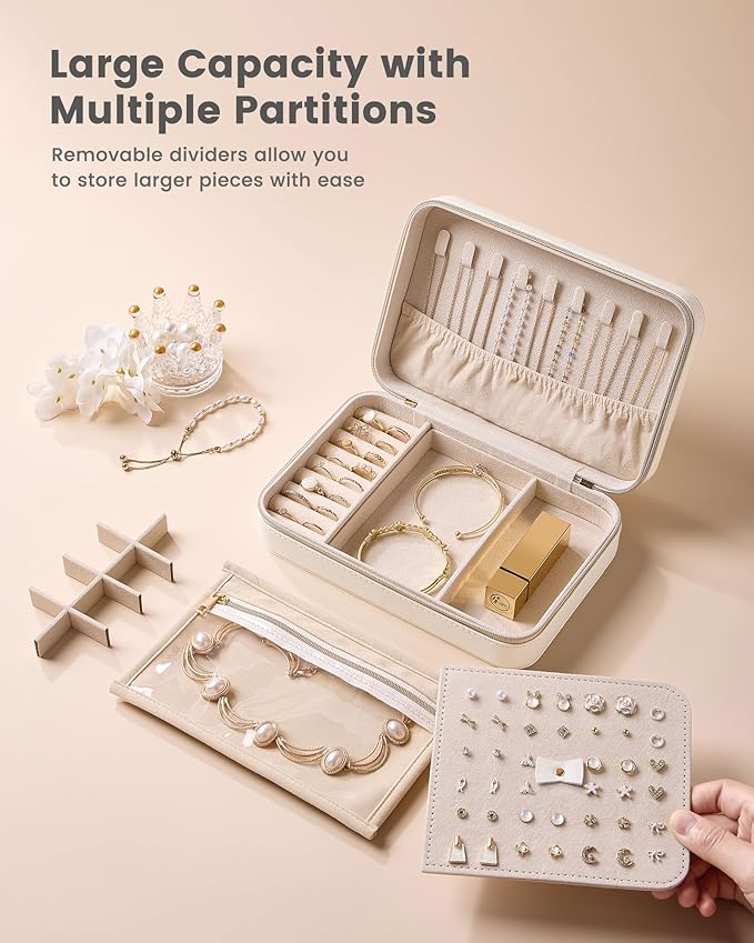 Lolalet Travel Jewelry Case for Women Girls, Travel Jewelry Organizer with Clear Storage Bag Small Portable Jewelry Box for Necklace Bracelet Earring Ring Valentines Bridesmaid Gifts -Large/Beige