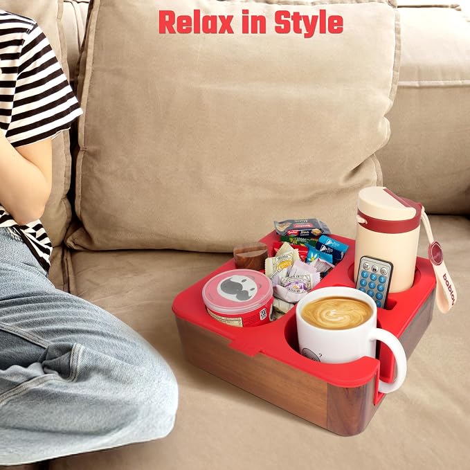 Couch Cup Holder Tray, Real Acacia Wooden Caddy with Soft Silicone, Snack and Drink Organizer- Perfect Movie Night Accessories for Bed, Remote and Cup Holders for Sofa (Red)