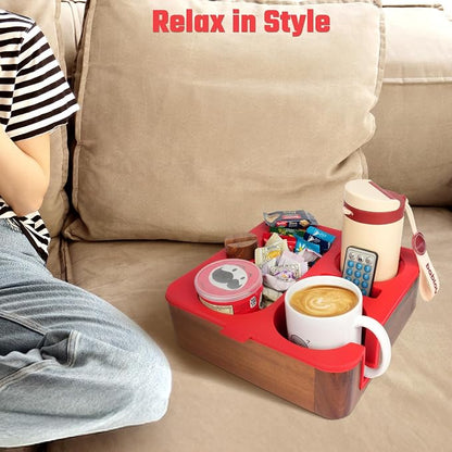 Couch Cup Holder Tray, Real Acacia Wooden Caddy with Soft Silicone, Snack and Drink Organizer- Perfect Movie Night Accessories for Bed, Remote and Cup Holders for Sofa (Red)