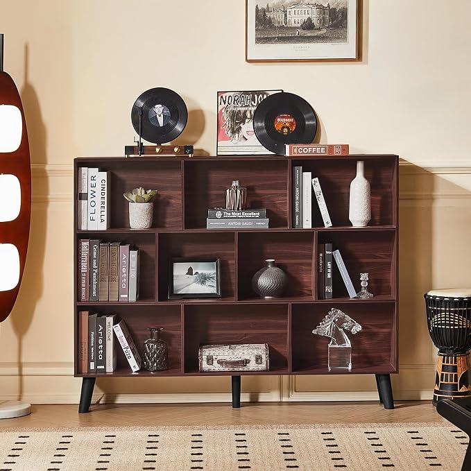 LEYAOYAO 10 Cube Bookshelf, 3 Tier Vintage 55" Wide Bookcase with Legs, Mid-Century Wood Bookshelves Storage, Walnut Large Book Case, Freestanding Organizer Display Shelf for Living Room, Office