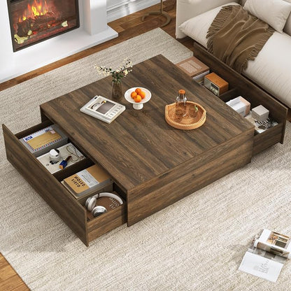 47” Square Coffee Table with Storage, 47" D x 47" W x 17" H Modern Large Square Center Table with 2 Drawers,Wood Coffee Table for Living Room,Bedroom（Walnut）