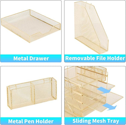Desk Organizers and Accessories, 5-Tier Paper Letter Tray Organizer with File Holder, Drawer & Pen Holder, Office Desk Accessories, Desktop Organizer for Classroom Office Supplies, Gold