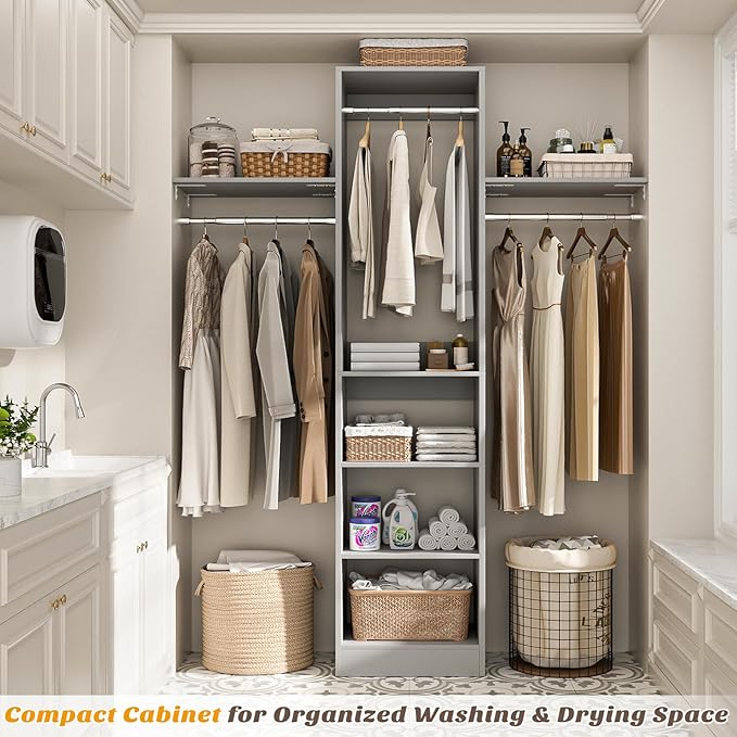Cyclysio 4FT Small Closet System, 80"H Closet Organizer System with 4 Closets Rods & 3 Shelves, 48" Closets Organizers and Storage for Small Bedrooms, Laundry Rooms, Cloakrooms, Grey