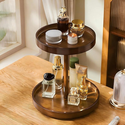 2-Tier Bamboo Rotating Makeup Organizer, 360° Spinning Vanity Organizer for Perfume & Skincare, Space-Saving Countertop Cosmetic Storage Organizer for Bathroom, Brown