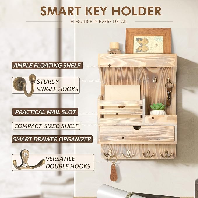Rebee Vision Farmhouse Key Holder Wall Mount with Drawer Organizer – Wooden Mail & Key Organizer with 6 Strong Hooks & Wall Shelf – A Perfect Addition to Your Farmhouse Home Decor (Natural Wood)