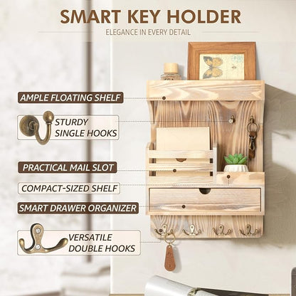 Rebee Vision Farmhouse Key Holder Wall Mount with Drawer Organizer – Wooden Mail & Key Organizer with 6 Strong Hooks & Wall Shelf – A Perfect Addition to Your Farmhouse Home Decor (Natural Wood)