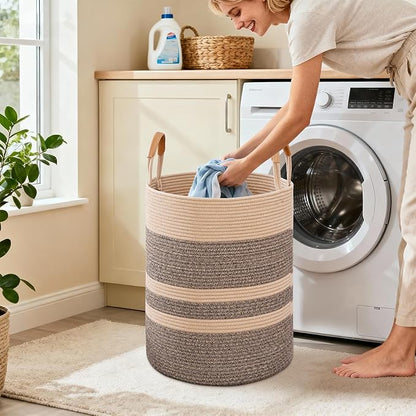 Degeyoyo 75L Striped Laundry Basket, Dark Brown Laundry Hamper with Leather Handles, Woven Cotton Rope Storage Bin for Blankets, Nursery Hamper for Clothes, Toys In Bathroom, Livingroom, Bedroom