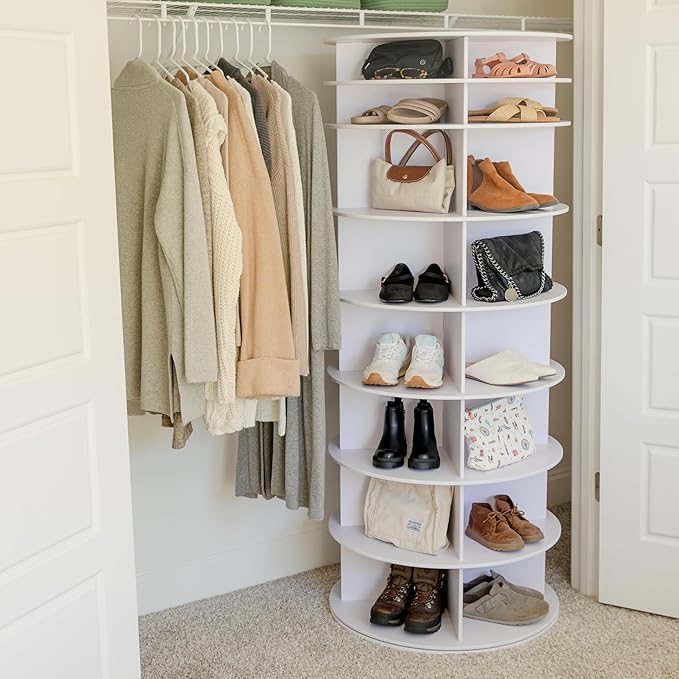 Rotating Shoe Rack Tower 360-32 Pair, 8 tiers, Reachable Spinning Shoe Rack Tower. Rotating Storage Tower, Bookshelf, handbag holder (8 Tier Standard Size) 5ft, 3in.