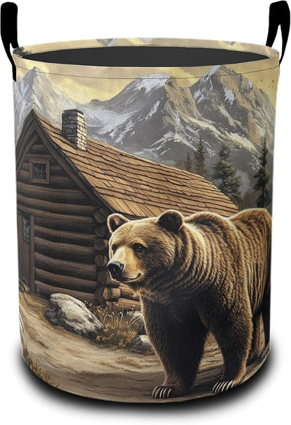 Cute Brown Bear Laundry Hamper Large Canvas Fabric Lightweight Storage Basket/Dirty Clothes Collapsible Waterproof for College Dorms, Boys and Girls Bedroom,Bathroom