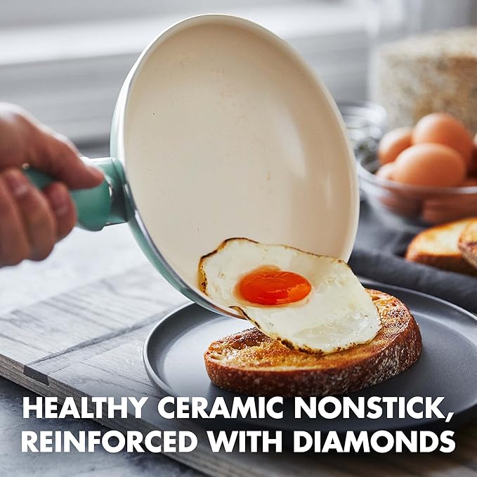 GreenPan Rio Healthy Ceramic Nonstick 7" 9.5" and 11" Frying Pan Skillet Set, PFAS-Free, Dishwasher Safe, Turquoise