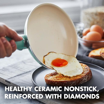 GreenPan Rio Healthy Ceramic Nonstick 7" 9.5" and 11" Frying Pan Skillet Set, PFAS-Free, Dishwasher Safe, Turquoise