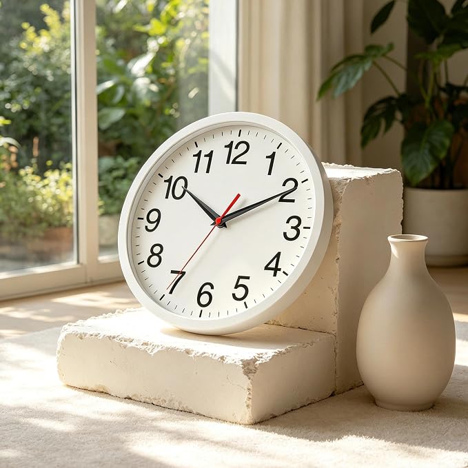 Rohioue Wall Clock Modern 10 Inch Battery Operated Silent Non Ticking Analog Clock Decorative for Bedroom Kitchen Bathroom Office Home (White)