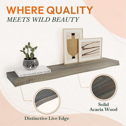 Howizz 24" Acacia Live Edge Floating Shelves Set of 2 - Wall Mounted Wooden Shelf for Stylish Home Décor - Mocha Color 24x7.5x1.5 Inches