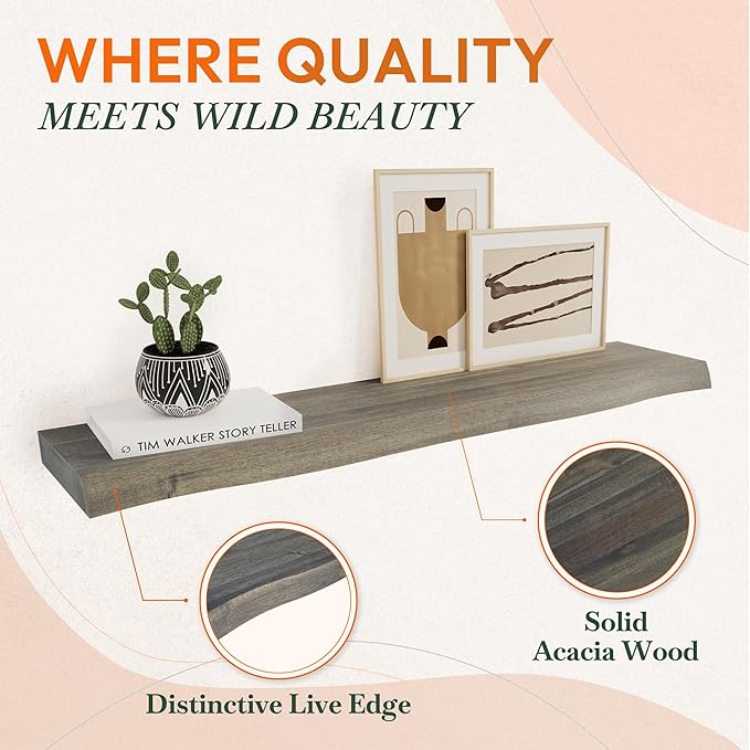 Howizz 36" Acacia Live Edge Floating Shelves Set of 2 - Wall Mounted Wooden Shelf for Stylish Home Décor - Mocha Color 36x7.5x1.5 Inches