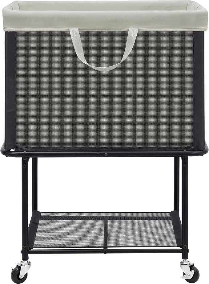 STO STO Rolling Laundry Hamper with Lockable Wheels, 29-Gallon (110L) Laundry Cart with Removable Canvas Bag, 2-Tier Clothes Basket Hamper with Shelf for Closet, Bedroom, Bathroom, Laundry Room, Gray