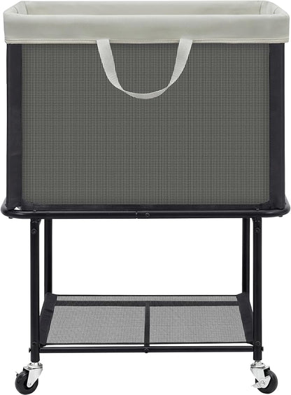 STO STO Rolling Laundry Hamper with Lockable Wheels, 29-Gallon (110L) Laundry Cart with Removable Canvas Bag, 2-Tier Clothes Basket Hamper with Shelf for Closet, Bedroom, Bathroom, Laundry Room, Gray