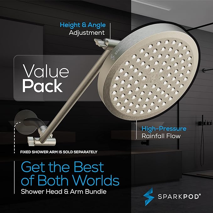 SparkPod Round Rain Shower Head with Shower Head Extension Arm - High Pressure Rain - Luxury Modern Look - No Hassle Tool-less 1-Min Installation (16" Shower Arm Extension, Brushed Nickel Finish)