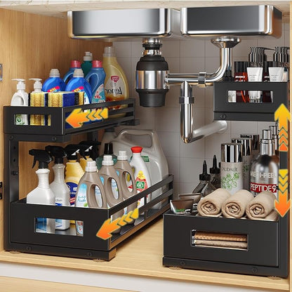 2-Pack 17"Deep Under Sink Organizer And Storage, 2-Tier L-Shaped Pull Out Cabinet Organizer with Upgraded Slide Rails, Height Adjustable Drawers for Kitchen&Bathroom, Extra-Large Storage Shelves–Black