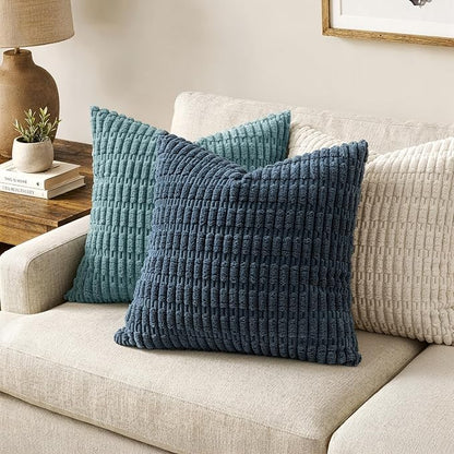 MIULEE Pack of 2 Corduroy Decorative Throw Pillow Covers 20x20 Inch Soft Boho Striped Pillow Covers Modern Farmhouse Home Decor for Summer Coastal Sofa Living Room Couch Bed Blue