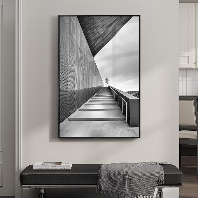 Framed Modern Black and White Wall Art, Contemporary Cityscape Photography Prints Paintings for Walls, Minimalist Geometric Architecture Pictures for Living Room Bedroom Hallway Home Decor 24x36 In