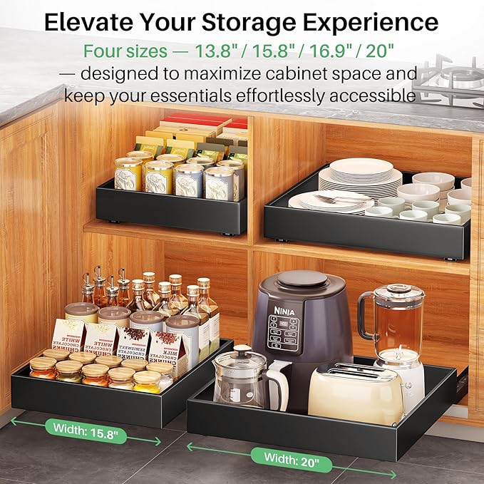 4 Pack Pull out Cabinet Organizer, 21"Deep, Heavy Duty Full-extension Slide out Drawers for Kitchen Cabinet, Roll out Shelf Storage with Nano Adhesive for Pots, Bathroom, Pantry, Home, Black