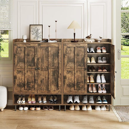 Brown 7+1 Tier Farmhouse Shoe Storage Cabinet - 45" Tall Entryway Organizer with Cross Molding Doors, 3 Adjustable Shelves & Metal Legs, Shoe Rack for Front Door Entrance