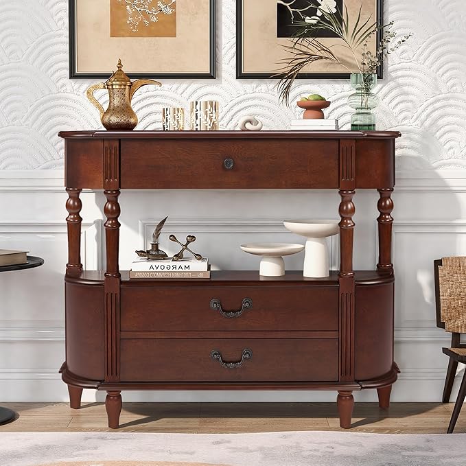 HMFULE Solid Wood Retro Curved Console Table, 43" Half Moon Console Table Sofa Table Entryway Table with 3 Drawers Open Shelf Pine Roman Legs Curved Corners for Living Room,Entryway,Hallway,Cherry