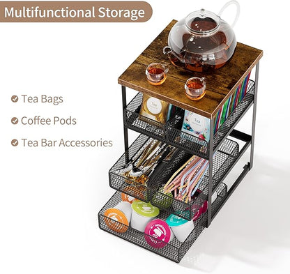 Tea Bag Organizer, 4 Tier Tea Bag Holder with 5 Drawers, Wood and Metal Tea Organizers and Storage Chest for Countertop Kitchen, Office, Brown