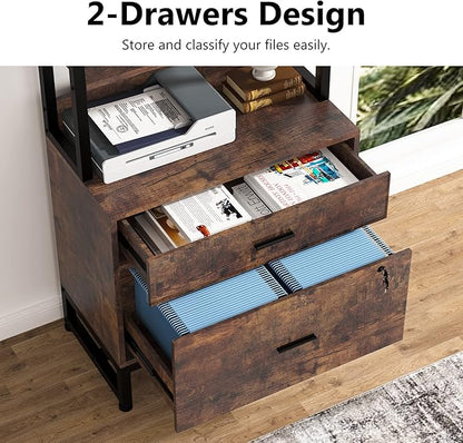 Tribesigns 2 Drawer Vertical File Cabinet with Lock & Bookshelf, Letter Size Large Modern Filing Cabinet Printer Stand with Open Storage Shelves for Home Office, Dark Brown