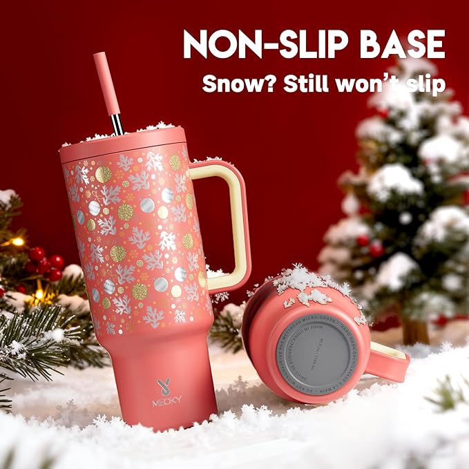 Meoky 40 oz Christmas Tumbler with Handle and Straw, Xmas Tumbler with Lid and Straw, Insulated Stainless Steel Travel Mug, Christmas Gifts for Women Men Adults (Merry Bells)