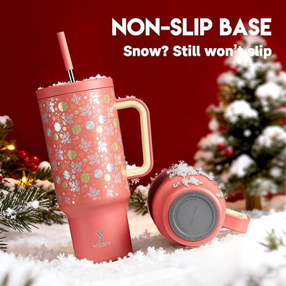 Meoky 40 oz Christmas Tumbler with Handle and Straw, Xmas Tumbler with Lid and Straw, Insulated Stainless Steel Travel Mug, Christmas Gifts for Women Men Adults (Merry Bells)
