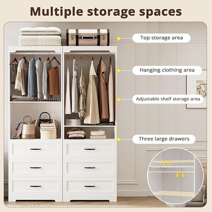 IRONCK Freestanding Closet System with 3 Wood Drawers, Modern Armoire Wardrobe with Adjustable Shelves & Hanging Rod, Walk-in Closet Systems Organizer for Small Closet, White
