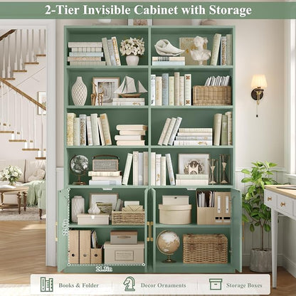 FACBOTALL Bookshelf and Bookcase with Doors, 6 Tier Double Wide Large Bookshelves, Open Display Shelves, 73'' Tall Bookshelf with Storage Cabinets for Home Office, Living Room, Library, Green