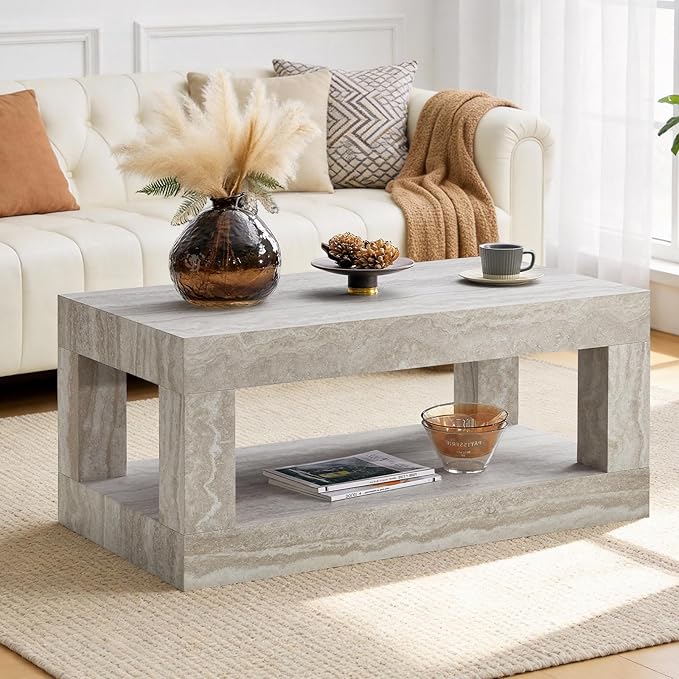 LKTART 39.37" Coffee Table with Storage, 2-Tier Mid Century Rectangular Accent Table with Thick Tabletop, Rustic Style Cocktail, Center Table for Living Room, Office, Apartment (Beige)