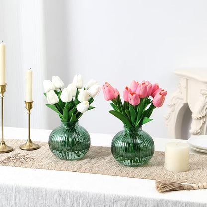 Round Glass Vases, Set of 2 Small Vases for Flowers, Green Glass Vase for Tulips, Modern Vase for Living Room, Office, Coffee Table, Shelf, Wedding, 5 Inches