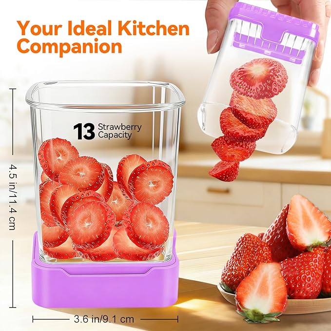 Fruit Slicer Cup for Strawberry, Banana, Hard-Boiled Egg - Detachable Cutter with Push Plate - Rapid & Safe Slicing Kitchen Gadget for Quick Meal Prep (Purple)