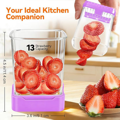 Fruit Slicer Cup for Strawberry, Banana, Hard-Boiled Egg - Detachable Cutter with Push Plate - Rapid & Safe Slicing Kitchen Gadget for Quick Meal Prep (Purple)