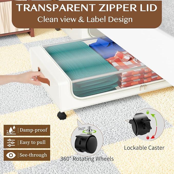 Under Bed Storage with Wheels, UnderBed Storage Containers with Clear Lid and Handles, XXL 60L Under the Bed Storage Bins Drawers for Clothes,Blankets,Shoes,Books (WHITE, 2 PACK)