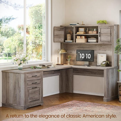 Itaar Farmhouse Executive L Shaped Desk, Home Office Desk with File Drawer and Power Outlet, Computer Corner Desk with Hutch and Drawer, Workstation for Office Home, Grey