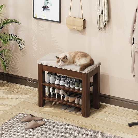 Shoe Bench for Entryway, Solid Rubberwood Shoe Bench with Hidden Storage, Adjustable 2-Tier Shelves & Soft PU Leather Seat, Shoe Rack Durable Easy Assembly for Hallway or Bedroom - Beige, 23.6"