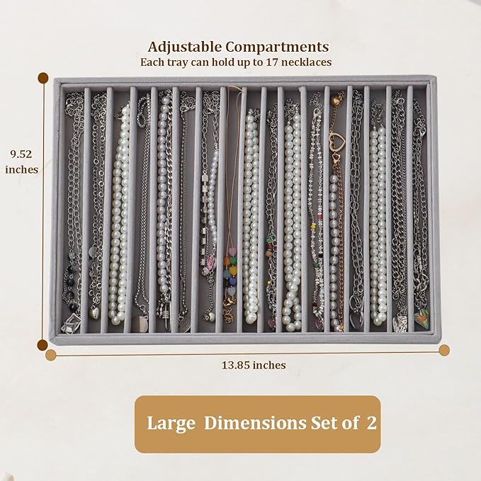 Large Velvet Jewelry Tray 2 Pack Stackable Jewelry Display Drawer Inserts Trays Organizer for Earring Bracelet Necklace Ring (Gray, 16 Grids)
