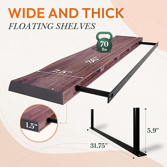 Howizz 36" Acacia Live Edge Floating Shelves Set of 2 - Wall Mounted Wooden Shelf for Stylish Home Décor - Cherry Color 36x7.5x1.5 Inches