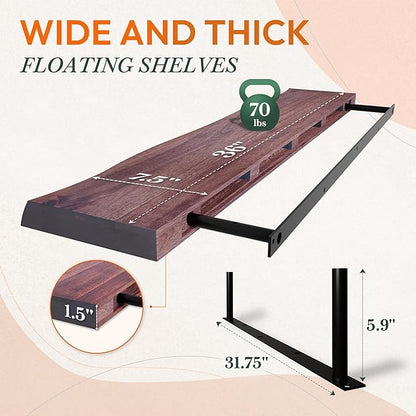 Howizz 36" Acacia Live Edge Floating Shelves Set of 2 - Wall Mounted Wooden Shelf for Stylish Home Décor - Cherry Color 36x7.5x1.5 Inches