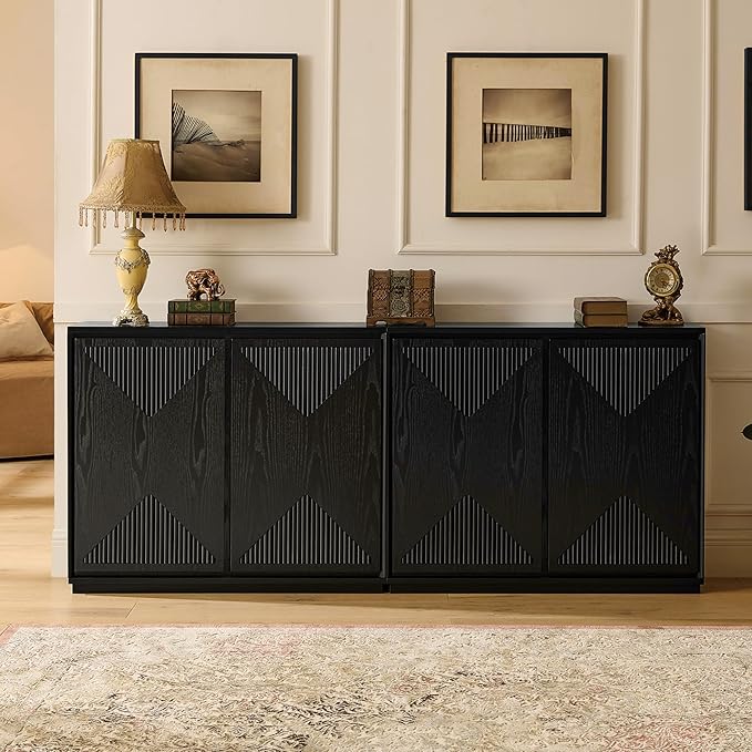 LKTART Buffet Cabinet Sideboard with Storage, Mid Century Modern Credenza with Doors & Shelves, Wood Small Coffee Bar Media Console Table for Kitchen, Living Room, Entryway-Black
