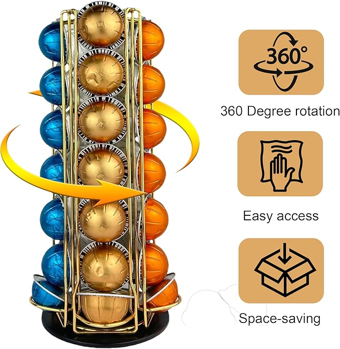 Coffee Pod Holder Carousel Organizer for Nespresso - 35 Capsule Coffee Pod Holder with 360° Rotation, Space-Saving Design for Kitchen Countertops (Gold)