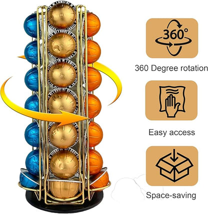 Coffee Pod Holder Carousel Organizer for Nespresso - 35 Capsule Coffee Pod Holder with 360° Rotation, Space-Saving Design for Kitchen Countertops (Gold)