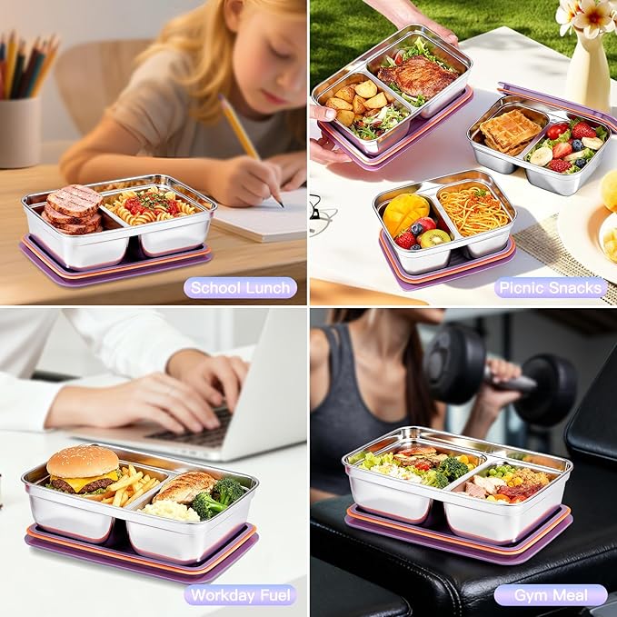12-Piece Stainless Steel Snack Containers Reusable, Grab and Go 2 Compartment Food Storage Containers with Leakproof Lids for Travel and Outdoor Camping School Lunch Prep Dishwasher Safe