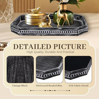 CedarLux Decorative Coffee Table Serving Tray, Long Octagonal Black Wood Tray with Wooden Bead, Farmhouse Big for Ottoman Table, Countertop, Home Decor, 16.5"x13"x1.6" (Retro Black)