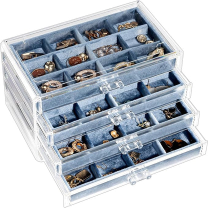Lolalet Earring Holder Organizer Box Jewelry Storage with 4 Drawers, Clear Acrylic Stackable Earring Case with Adjustable Velvet Trays for Women on Dresser Vanity -Blue, 4 Layers
